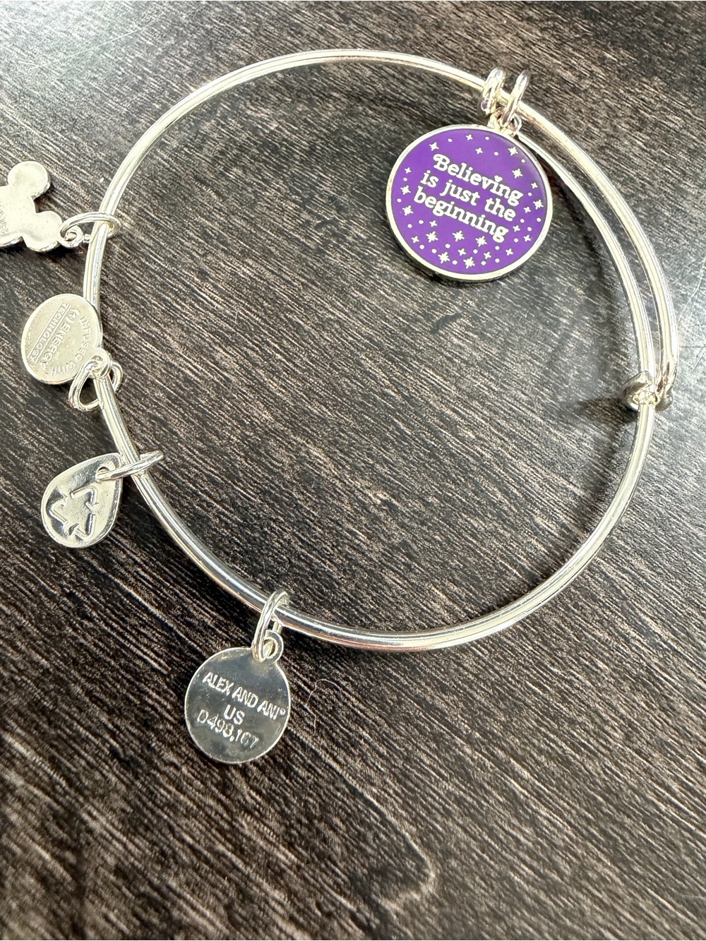 Alex and Ani Disney Expandable Bangle with Purple Enamel Inspirational Charm
